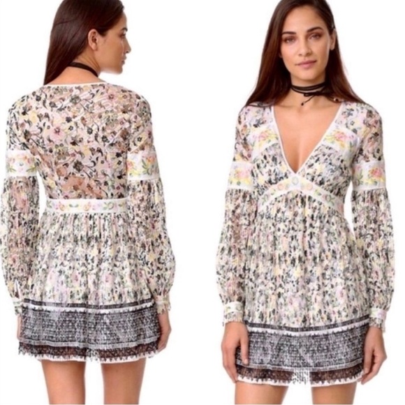 FREE PEOPLE Cherry Blossom Mini Dress in Ivory Multicolor Embroidered Mesh Sz 0 - Picture 1 of 16
